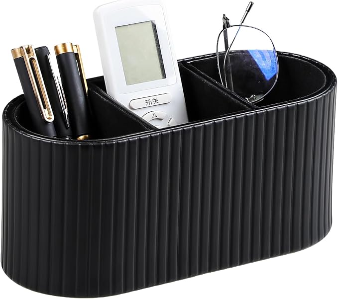 Oval Pen Holder for Desk, Remote Control Holder with 3 Compartments, PU Leather Small Desk Organizer Remote Caddy, Aesthetic Pencil Holder Desk Accessories for Home Office (Black)