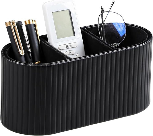 Oval Pen Holder for Desk, Remote Control Holder with 3 Compartments, PU Leather Small Desk Organizer Remote Caddy, Aesthetic Pencil Holder Desk Accessories for Home Office (Black)