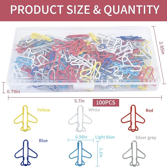 Vuzvuv 100Pcs Rainbow Creative Plane Paper Clips Assorted Colors Cute Metal Plane Shaped Bookmark Clips for Party Invitation Card Student Kids Gift Notebook Office Accessories Document Organization
