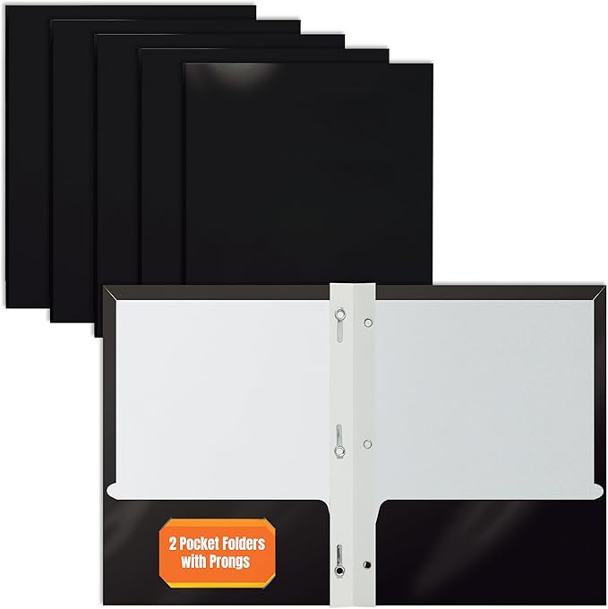Better Office Products 25-Pack Glossy Black 8.5 x 11-Inch Paper Folders with 3 Metal Prongs, Letter Size