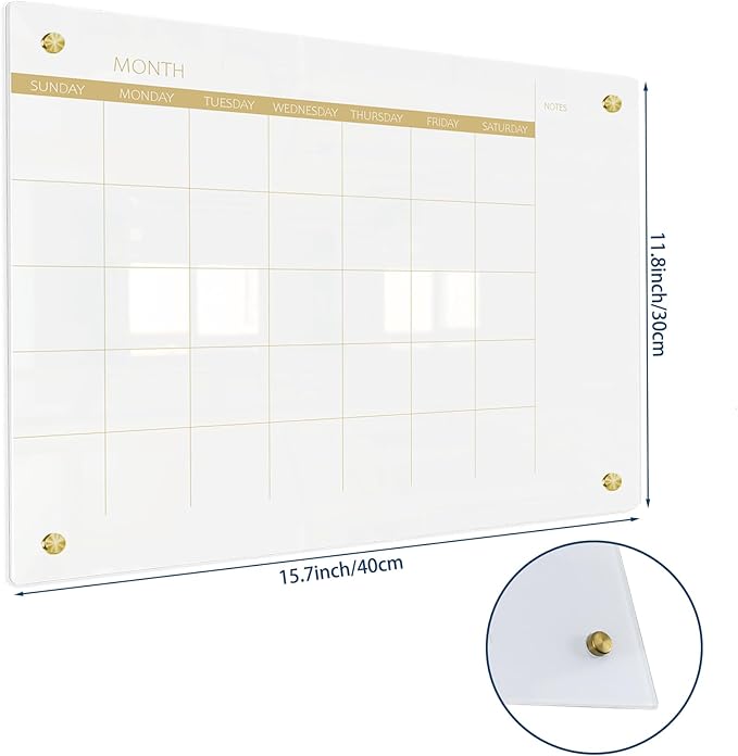 TORASO Glass Dry Erase White Board Monthly Calendar Board, Glass WhiteBoard for Wall, 11.8"x15.7", Planner Board for Home, Office, Schoo（ Monthly-WH-3040）