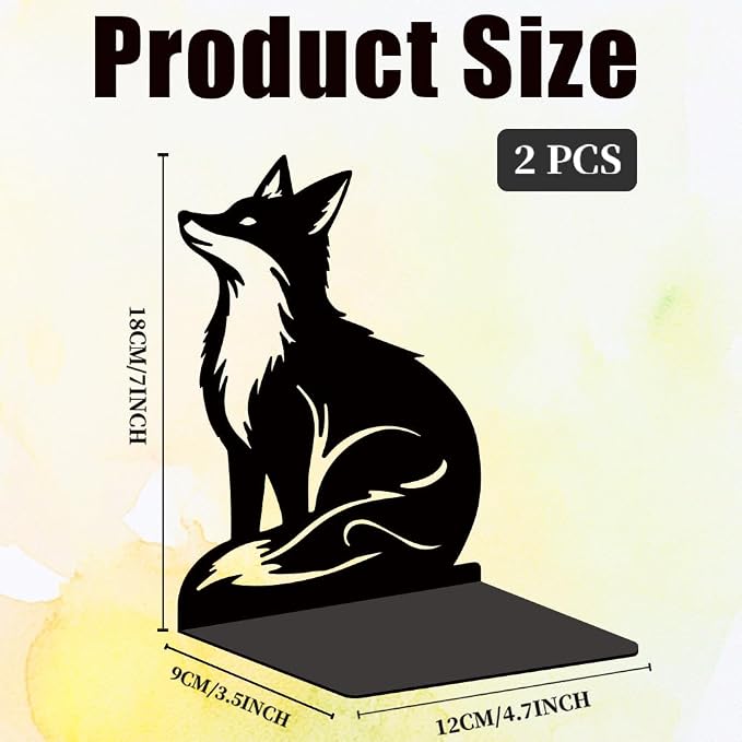 Black Fox Metal Bookends for Shelves, Exquisite Fox Bookshelf Decor Book Ends for Heavy Books, Home School Office Desk Decoration, Book Stopper for Study and Birthday Gift