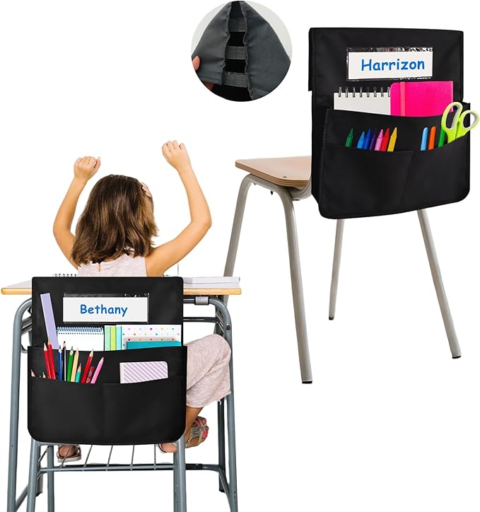 2 PCS Chair Pockets for Classrooms, Seat Pockets with Expandable Elastic Strap, Seat Sacks for Classroom Chairs with Name Tag, Back to School Supplies for Student Teacher Organizer (Black, 2 pack)