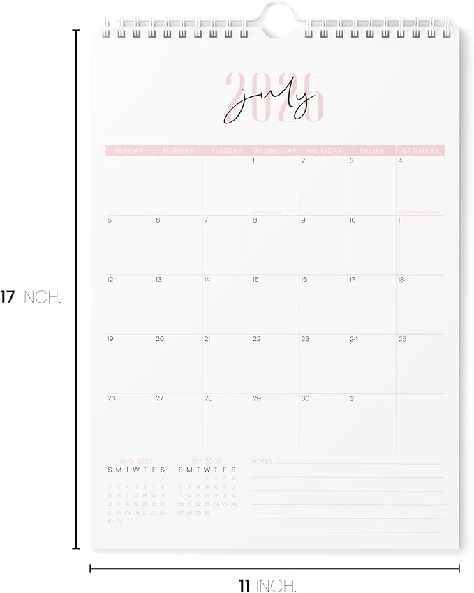 Karto Wall Calendar 2025-2026 - Vertical 11x17 inch July 2025 to December 2026 - Boost Your Productivity and Easy Planning with the Aesthetic Monthly Calendar - Two Font Pink