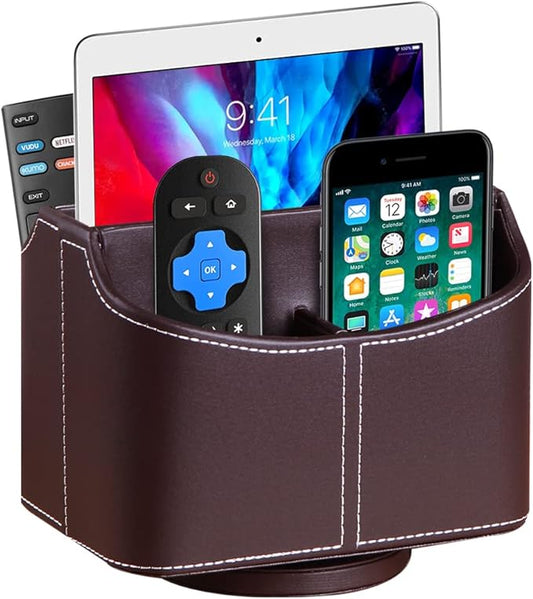 360° Rotating Remote Control Holder, PU Leather TV Remote Caddy Organizer Basket Storage Box with 5 Compartments for Pen, Pencil, Art Supplies, Makeup Brush, Office Desk Table Accessories