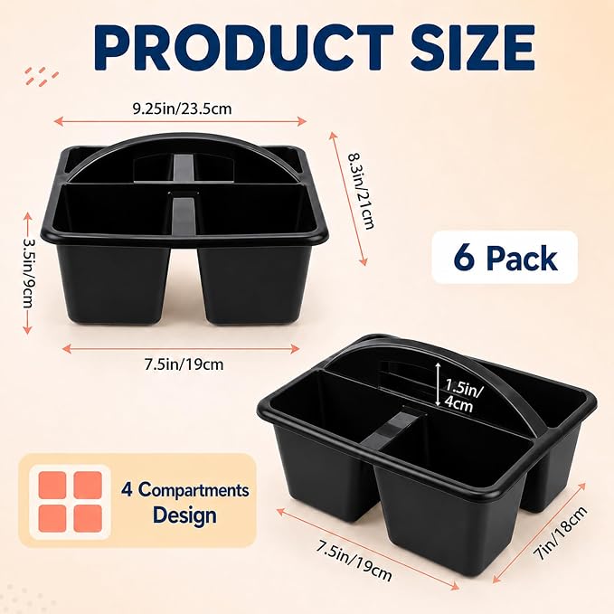 gisgfim 6 Pack Plastic Classroom Caddy with 4-Compartments Plastic Storage Caddies with Handle 4 Compartments Table Caddy Organizer Versatile Table Caddies for Classroom Office, Black