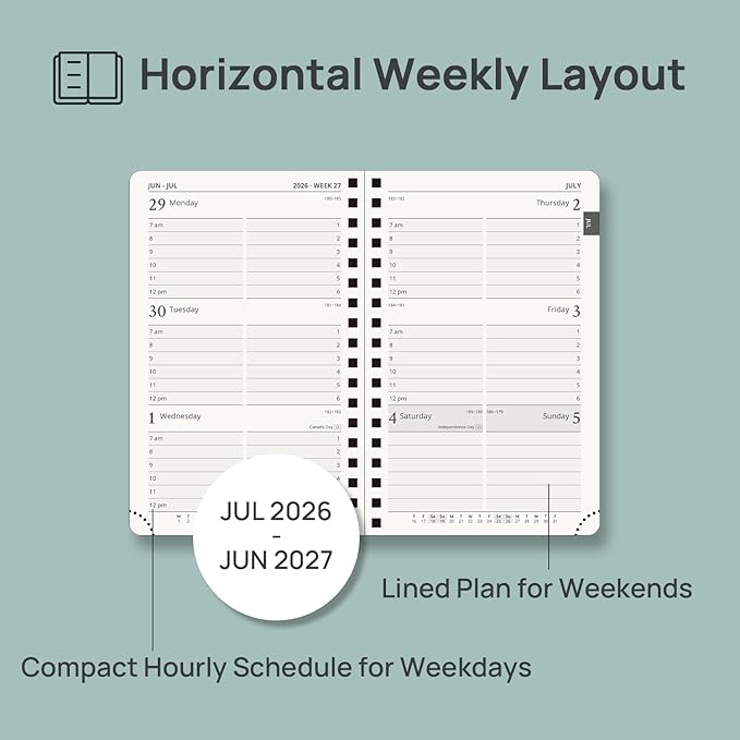 POPRUN Pocket Planner 2026-2027 (Purse Size 4'' x 6.25'') Academic Small Calendar (July 2026 - June 2027) with Hourly Time Slots, 100GSM Thick Papers, Spiral Leather Cover - Burgundy