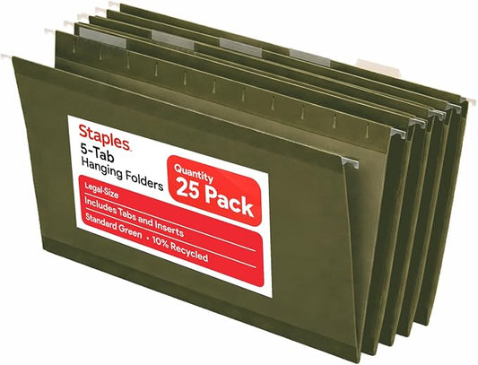 Staples Hanging File Folders, Legal Size, Straight‑Cut Tabs, Standard Green, Durable Filing Solution – 25/Box