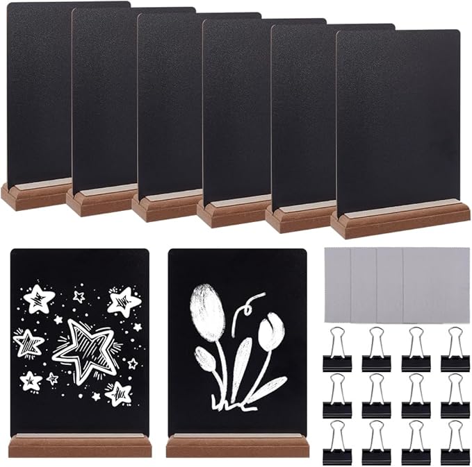 8 Pcs Mini Chalkboard Signs with Stand, Tabletop Chalkboard Sign Stand with 12 Pcs Clips and 4 Sheets Cleaning Cloth Small Food Signs for Party Store Business Wedding, 5.87 x 8.54 Inch