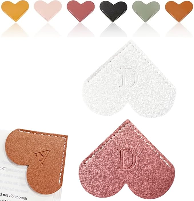 Personalized Leather Heart Bookmark, 26 Letters Customized Corner Book Mark for Reading Women, Book Marker with Initials，Cute Gifts (White+Deep Pink, D)