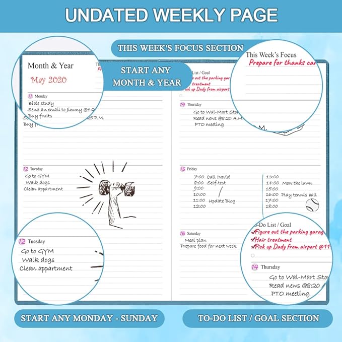 Undated Planner for Any Year - Weekly & Monthly Planner & Journal to Track Goals, Perfect to Organize Your Daily Life, 5.85" x 8.25", Blue