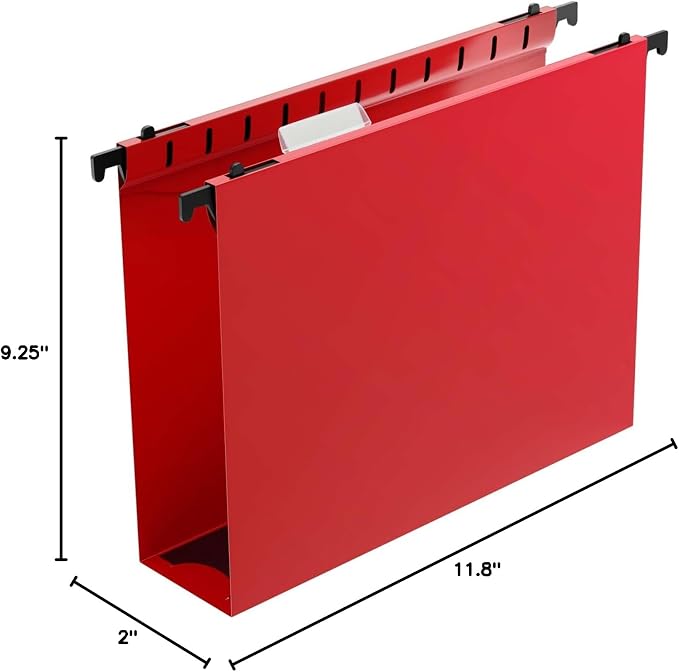 Shutex Extra Capacity Plastic Hanging File Folders,12 Pack Reinforced Hang Folders,Heavy Duty 2 Inch Expansion,Plastic Filing Cabinet Folders,Letter Size,for Bulk Files, Medical Charts,Red