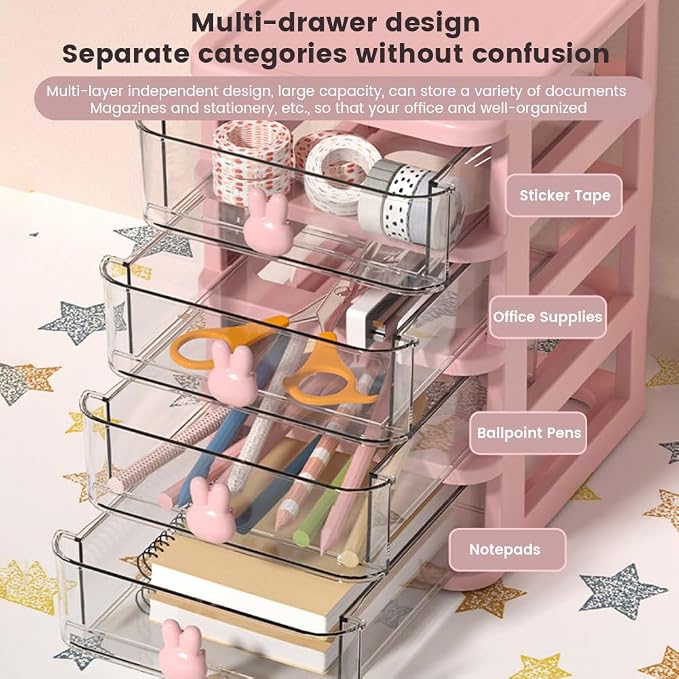 4-Tier Desk Storage Box, Transparent Plastic Organizer with Bunny Handles, Large Capacity Multi-Level Drawer for Books, Pens, Office Supplies, Perfect for Home, Office, or Study