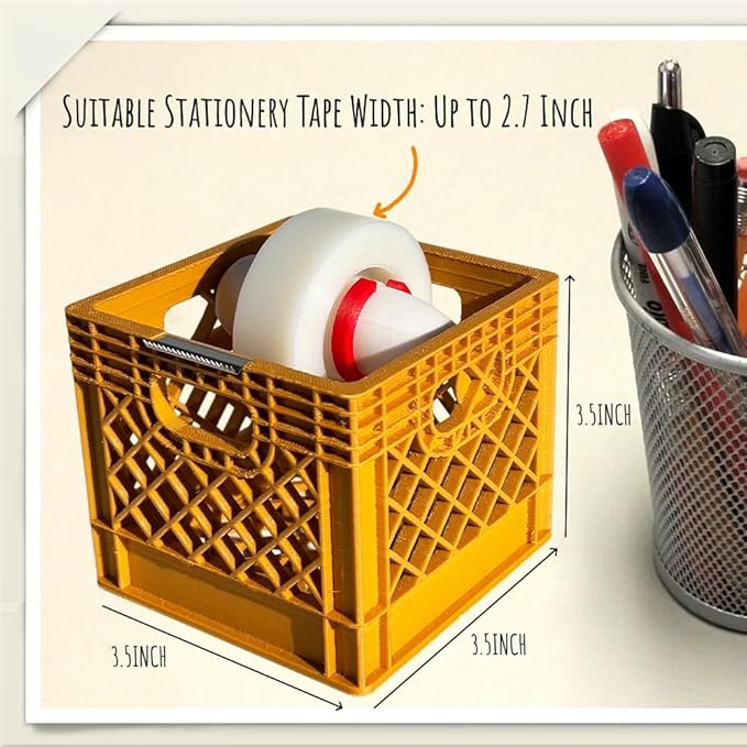 Mini Milk Crate Tape Dispenser - Cute Desk Accessories - Fun Office Supplies- Unique Unusual Desktop Organizer - Useful Novelty Practical Coworker Gag Gifts Vintage Decor Accents (Ochre Yellow)