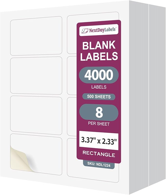 NextDayLabels 3.38x2.33 Inch Rectangle Stickers White Blank Labels for Laser Inkjet Printer - 8 Per Sheet Self-Adhesive Shipping Address Mailing Made in USA - 4000 Labels