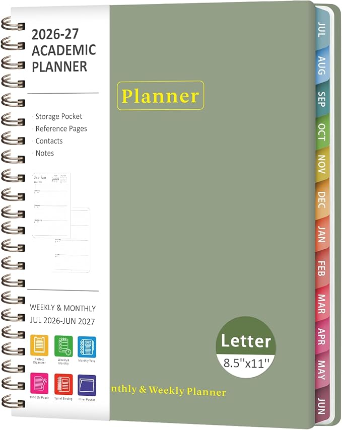 Planner 2026-2027, Academic Weekly and Monthly Calendar Planner, July 2026 - June 2027, Hardcover Spiral Agenda Book, School Supplies for Teacher Student - Letter Size(8.5" x 11")