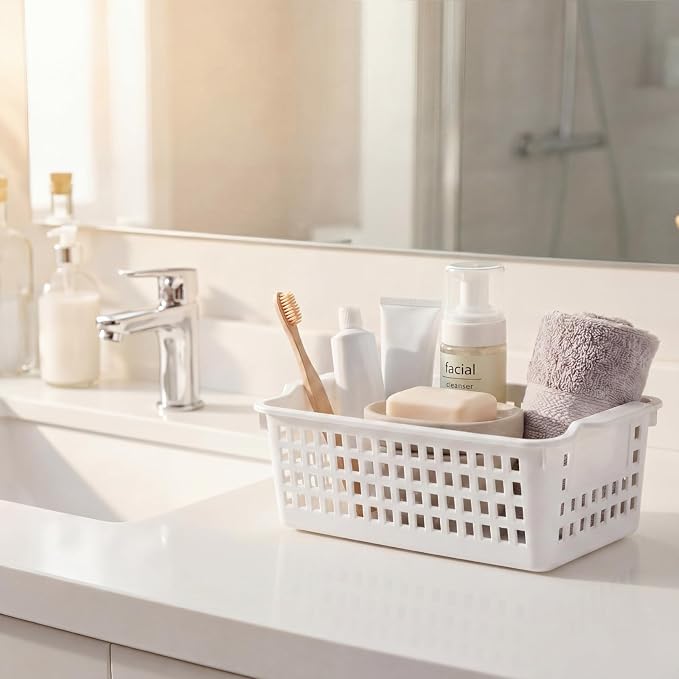 Domensi White 12 Pcs Slim Plastic Storage Baskets for Organizing 11.6" x 5" x 3.4" Small Narrow Storage Bins with Handles & Label Area Thin Pencil Trays for Bathroom Drawer Office Desk Closet
