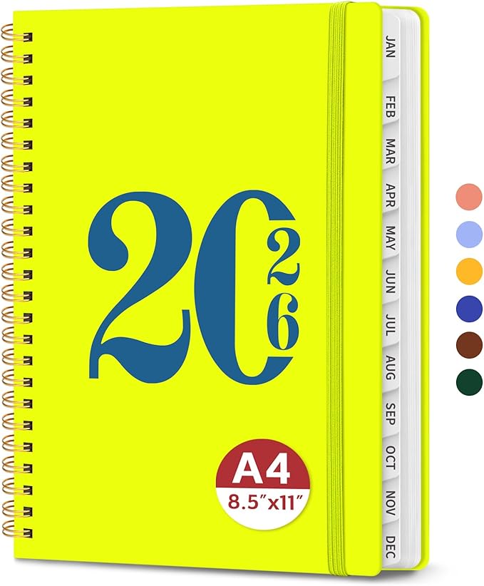 2026 Planner, Weekly and Monthly Calender Planner, Jan 2026 to Dec 2026, Hardcover 2026 Calendar Book with Tabs & Inner Pocket, Office Home School Supplies for Women & Men - A4 (8.5" x 11"), Lemon Yellow