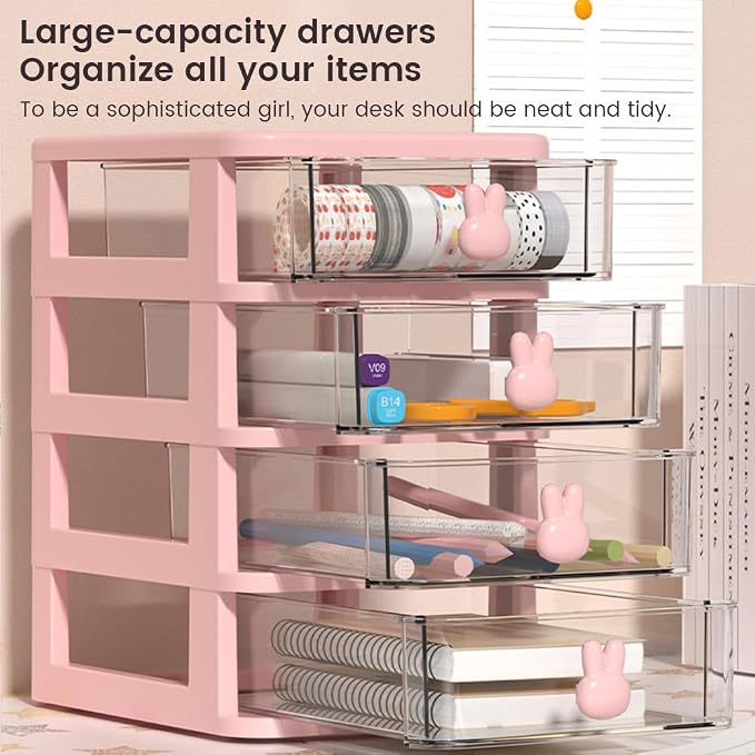 4-Tier Desk Storage Box, Transparent Plastic Organizer with Bunny Handles, Large Capacity Multi-Level Drawer for Books, Pens, Office Supplies, Perfect for Home, Office, or Study