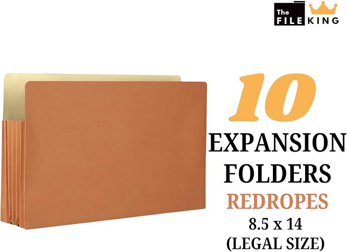 The File King Expanding Accordion File Folder - Legal Size 8½” x 14” | 3.5” Expansion, 10 Pack | Straight Cut Tab | Holds Thick Case Files | Law, Accounting & Business Filing Organizer | Made in USA