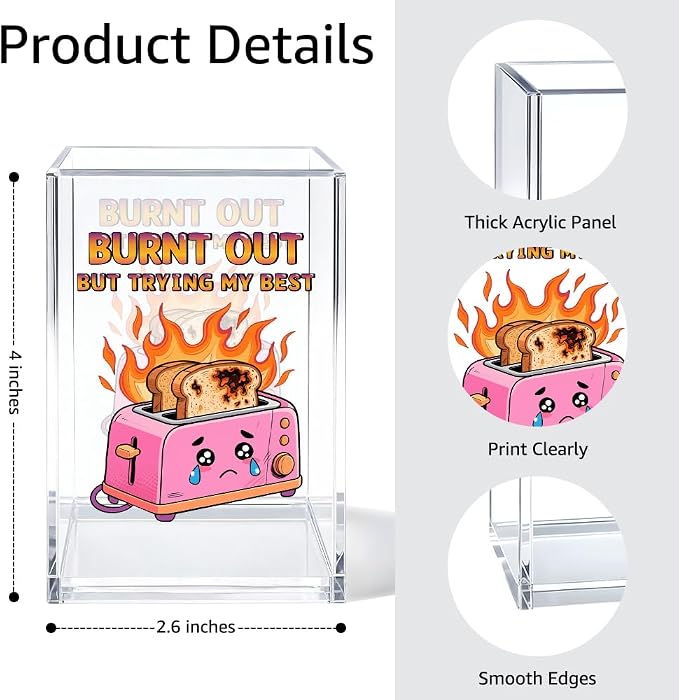 Burnt Out But Trying My Best Acrylic Pen Holder Cosmetic Organizer, Funny Dumpster Fire Pen Pencil Holders for Desk, Desk Accessories Office Gifts for Coworker Social Worker Teacher Therapist
