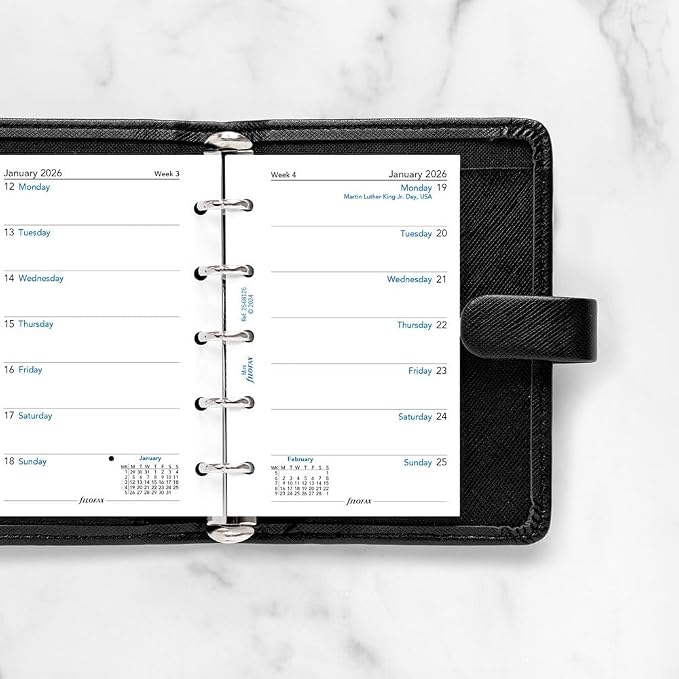Filofax Calendar Diary Refill, Mini Size, Week on One Page, White Paper, Unruled, English, 2026 (C68126-26)
