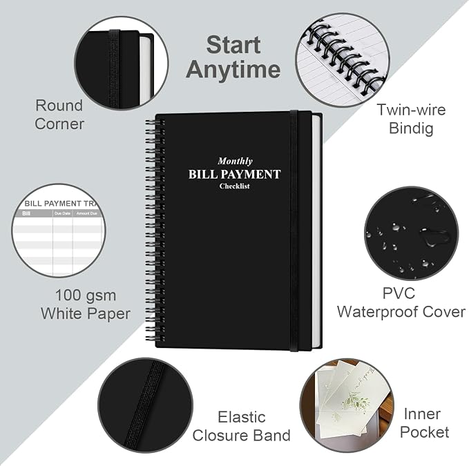 Monthly Bill Organizer - Monthly Bill Payment for Personal Budgeting Financial, Payments Checklist Organizer, 5.8" x 8.5", Black