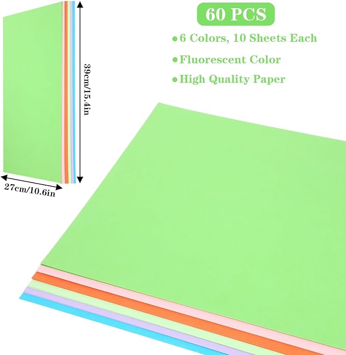 60 Sheets Colored Poster Board Large Size 10.5 x 15 In Inch Assorted Neon Poster Boards Bulk for Art Display Board, Classroom Use, School Craft Project, Presentation Drawing