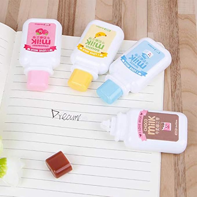 4PCS Milk Bottle Style Correction Tape,Cute Kawaii Stationery Tear Resistant White Tapes for School Office Supplies(Random Color)