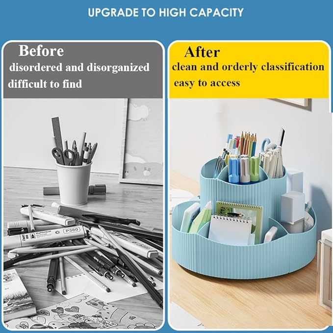 Desk Organizer, 11 Slots 360-Degree Rotating Pencil Pen Holder for Desk, Desktop Storage Pen Organizers Stationery Supplies, Art Supply Storage Box Caddy for Office, Home (Blue)