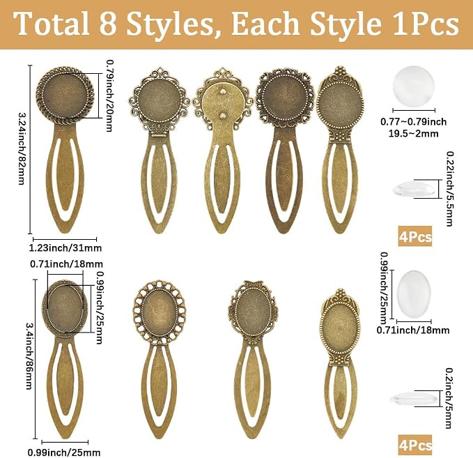 SUNNYCLUE 1 Box 16pcs 8styles Blank Metal Bookmarks Bulk Antique Bookmark Glass Cabochon Vintage Alloy Antique Bronze Books Reading Page Markers Kits for Women Birthday Party Gifts DIY Accessories