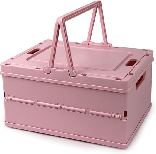 Collapsible Storage Crate, Foldable Plastic Basket with Lid and Handle, Foldable Storage Box Crate Bin for Home Kitchen Office Bathroom Bedroom Pantry (Pink)