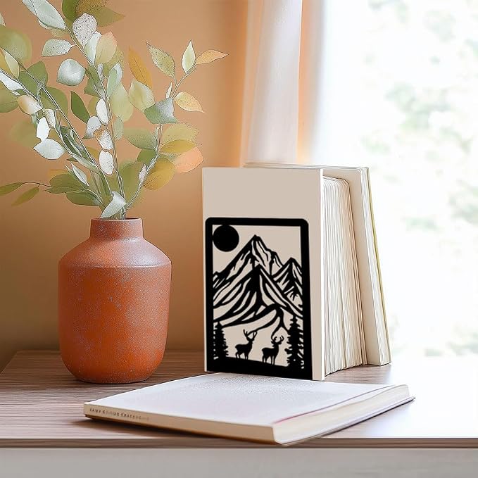 Metal Bookends for Shelves, Mountain and Deer Decorative Book Ends for Heavy Books, Book Stopper Decorative Books, Bookends to Hold Literature for Home Office School Bookshelf Decor