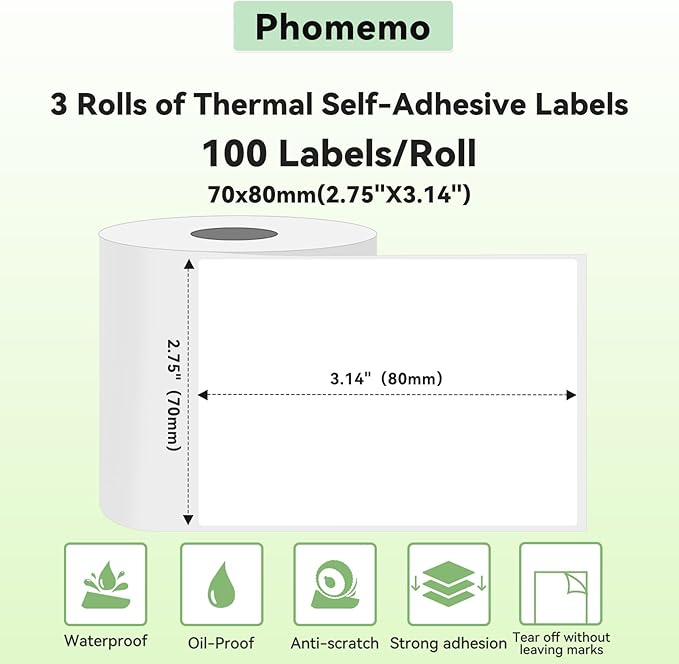 Phomemo M220 Labels, for M250 M200 M221 M260 3 Inch Label Printer, Multi-Purpose Thermal Paper for Address, Shipping, Ingredient, Clothing, Small Business, Black on White 2.76"x3.15"(70x80mm) 3 Rolls