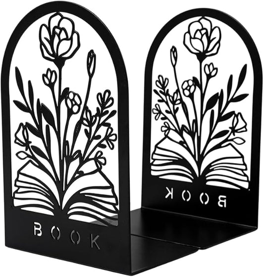 Book Ends, Bookends, Book Ends for Shelves, 2Pair Non Skid Metal Book Divider Decorative Holder, Abstract Art Desgin Book Stopper Supports for Office, Home (Flower Book)