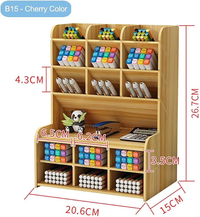 Hggzeg Wooden Desk Organizer, Large Capacity DIY Pen Holder Storage Box Desktop Stationary Storage Rack, Pen Organizer Caddies for Office, Home and School Supplies (B15-Cherry Color)