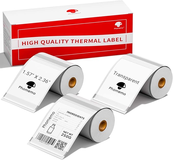 Phomemo Transparent Thermal Labels-3 Roll 390 Labels for M110/M100/M220/M221/M108 Label Printer,1.57"x 2.36" (40mm x 60mm), 130 Labels/Roll, for Barcode/Address/Mailing/Logo/Business/Home Tag