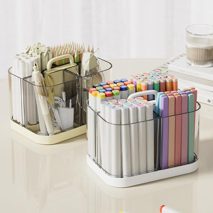 Hggzeg Pen Holder with Handle and Base, Stackable Transparent Desk Caddy 4 Compartments, Plastic Cosmetics Storage Organizer, for Art Supplies, Crafts, Colored Pencils, Stationery, Markers (White)
