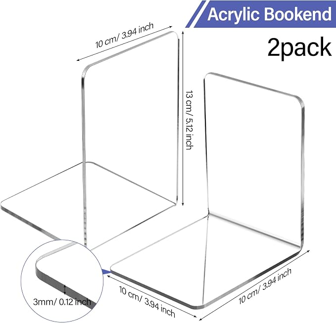 Yulejo 2 Pcs Book Ends Clear Acrylic Bookends for Shelves Heavy Duty L Shaped Dividers Files Stopper for School Library Home Movies Cds File
