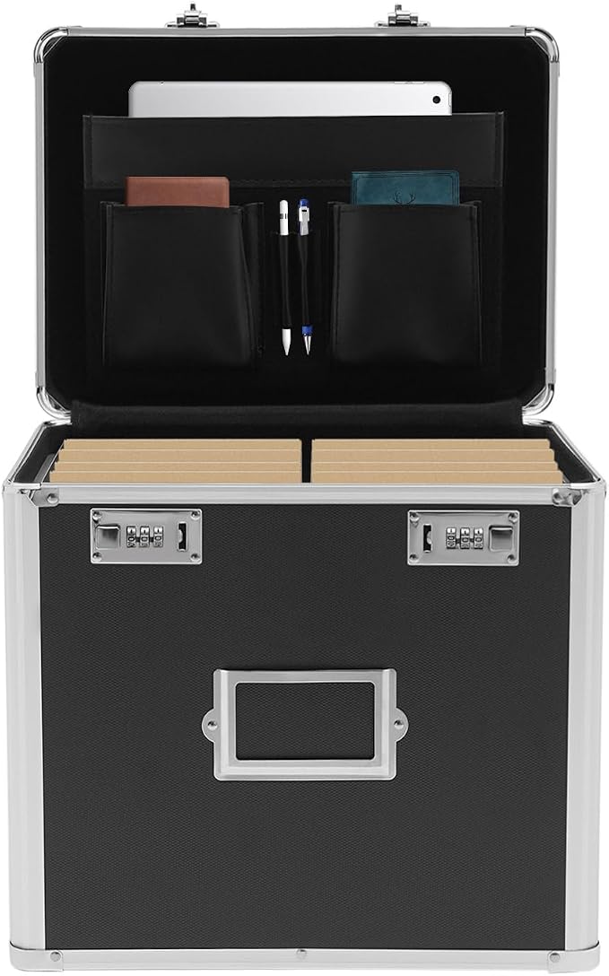Locking File Organizer Box,Portable File Organizer Storage Chest with Handle Letter Box,13.8 x 10 x 13.4 Inch Metal File Cabinet for Filing Office Documents Letter/Legal File Storage (Black)