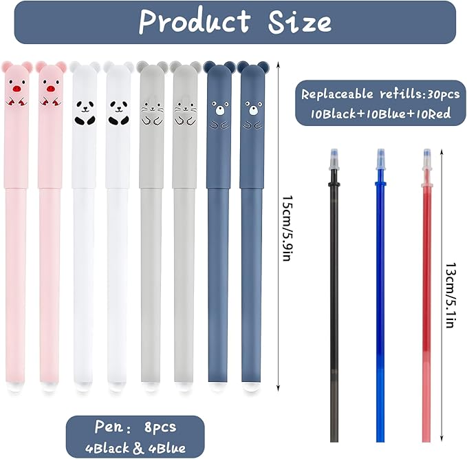 8pcs Erasable Gel Pens, 0.5mm Cute Erasable Pens Black and Blue with 30 Refills, Animal Rollerball Pens for Adult Writing Note Taking Office Supplies