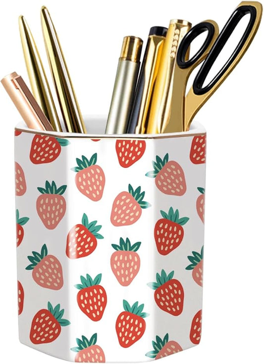 Ceramic Strawberries Pen Holder for Desk Cute Pencil Cup Desk Organizer Makeup Brush Holder for Girls, Women, Stationery for Office, Home, Daily Use, (Pink+white)