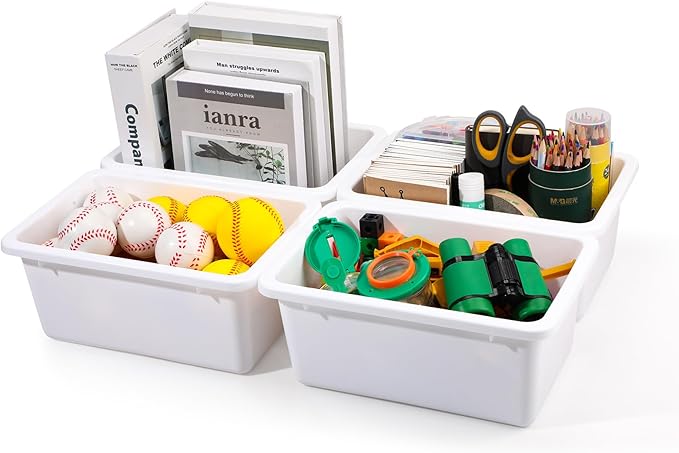 Outus 48 Pcs White Plastic Cubby Bins Bulk for Classroom Organization Small Stackable Book Bins Toy Storage Organizer Tubs Box Container with 120 Self Adhesive Label for Library School Office Home