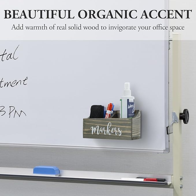 MyGift Magnetic Mount Vintage Gray Solid Wood Dry Erase Marker and Eraser Holder with 2 Compartments, Desktop Office Supplies Storage Organizer Bin with White Cursive Marker Lettering