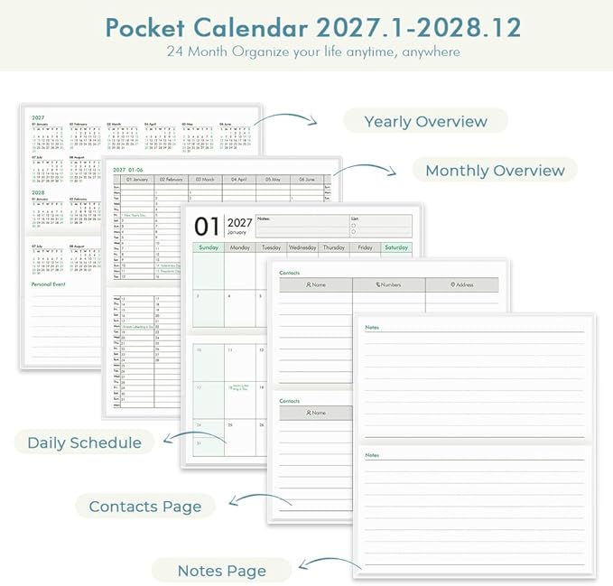 Pocket Calendar 2027-2028 for Purse, Small Pocket Planner 2027-2028 for Purse 3.5×6.5In,24 Month Organizer from Jan 2027- December 2028 Mini Planner with Pvc Cover for Organizing & Planning