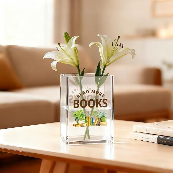 Read More Books Acrylic Pen Holder Cosmetic Organizer, Funny Potted Pen Pencil Holders for Desk, Reading Nook Accessories for Bookworm, Bookmark Holder for Bookshelf, Librarian Teacher Gifts