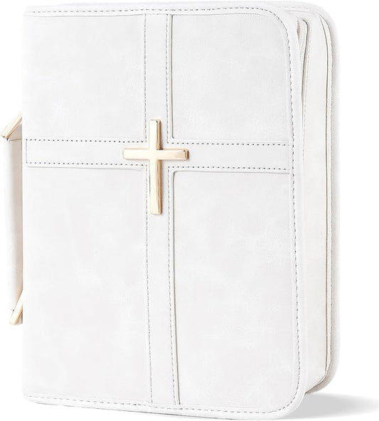 Vegan Leather Bible Cover Case, Bible Bag with Phone Pocket, Bible Case for Men Women, Christian Gift Box Packaging (White)