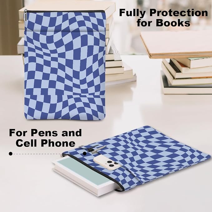 Wave Blue Plaid Book Lovers Gifts Book Sleeve Vintage Checkered Waterproof Book Cover Book Pouch Book Protector with Front Pocket Book Club Christmas Birthday Gifts for Women Girl Book Accessories