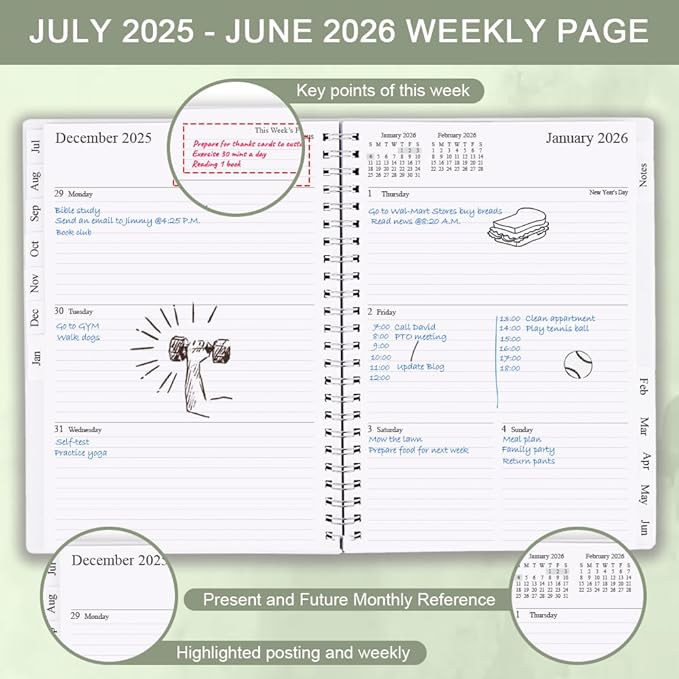 2025-2026 Planner - Academic Planner 2025 2026 for Women & Men, July 2025 - June 2026, Monthly and Weekly Calender with 12 Monthly Tabs, 6.4" x 8.5", Green