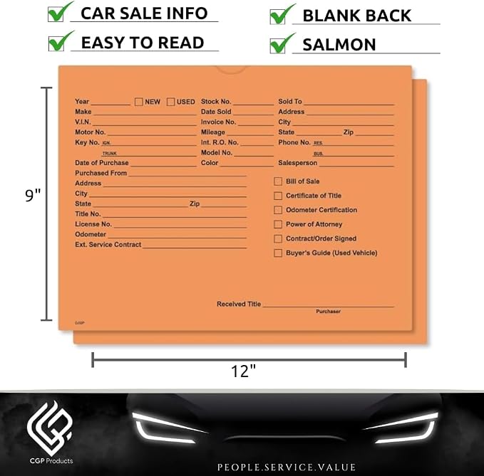 Printed Vehicle Deal Jackets Envelopes Folders for Auto Car Dealerships - 9x12 Size - Dealer Supplies - New and Used Cars - 100 Quantity (Salmon)
